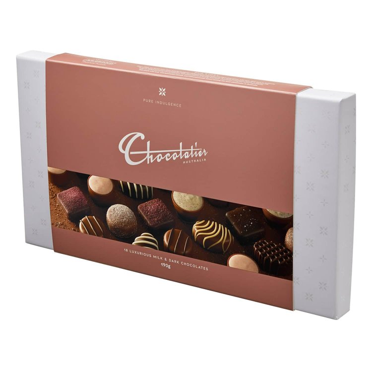 Box of assorted luxury chocolates with the brand name 'Chocolatier Australia'.