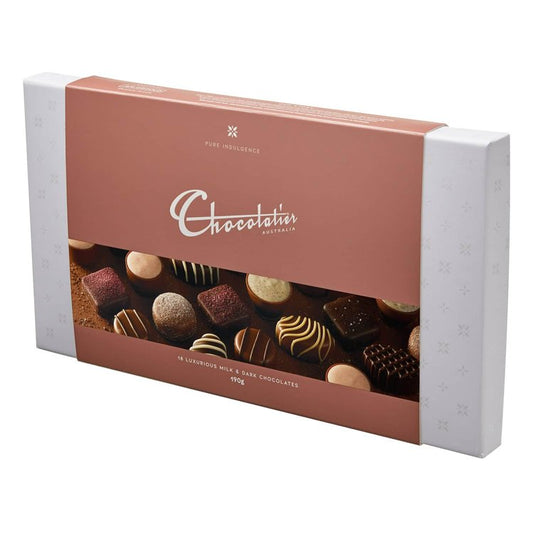Box of assorted luxury chocolates with the brand name 'Chocolatier Australia'.