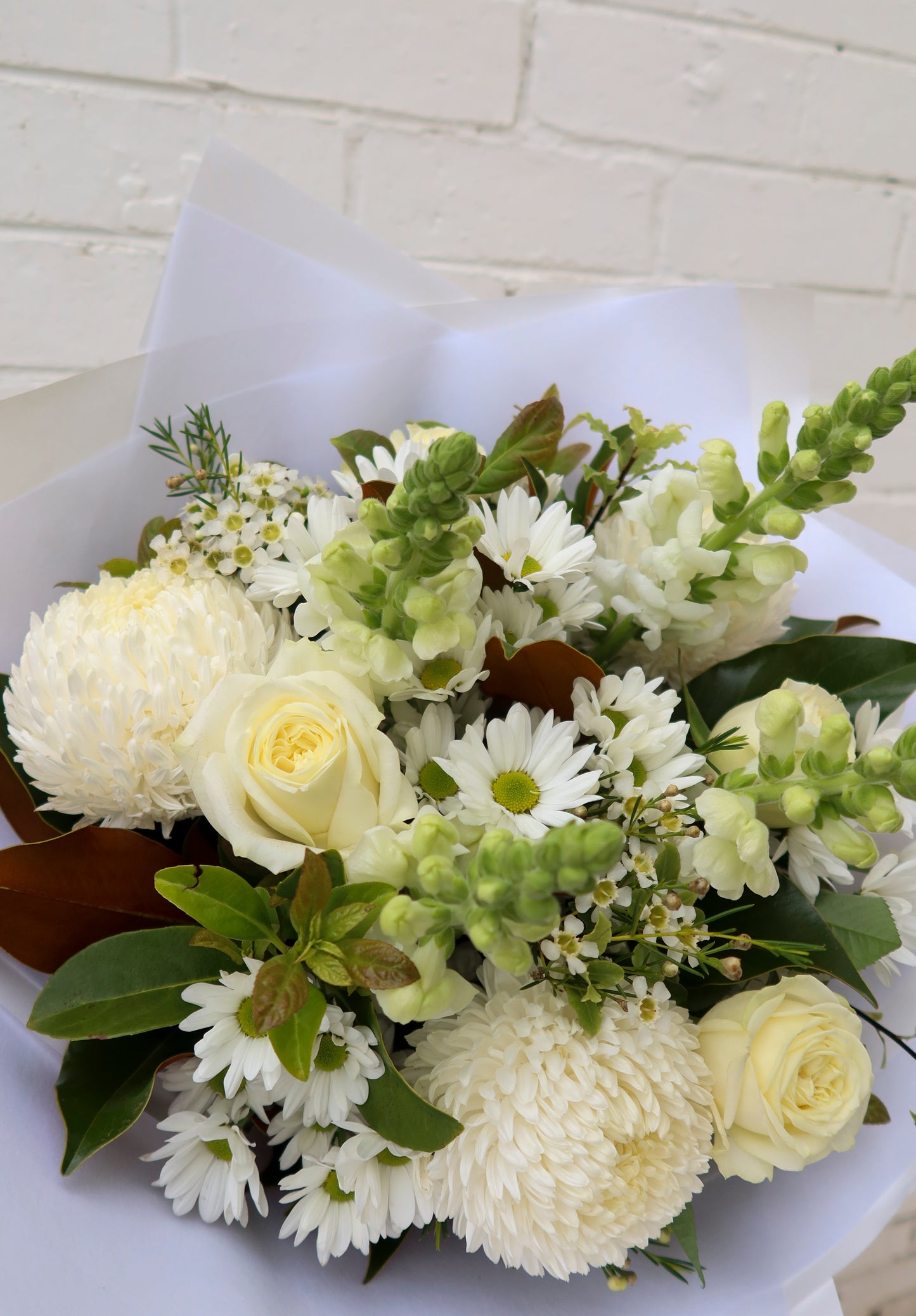 A bouquet of white flowers with green leaves wrapped in white paper against a brick wall.