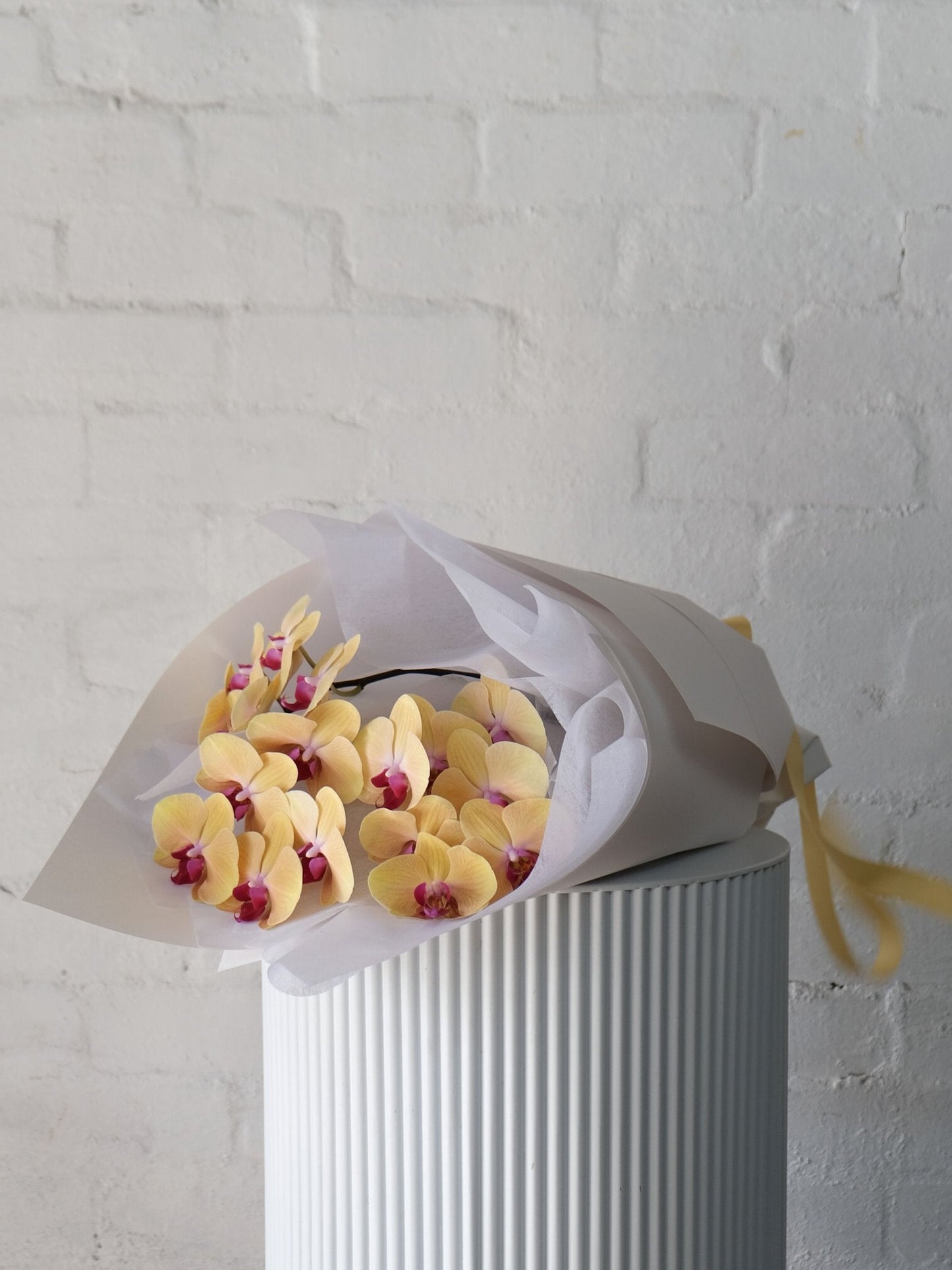 Bouquet of bright yellow orchids positioned on a white paper cone, emphasizing the contrast between the flowers and the cone.